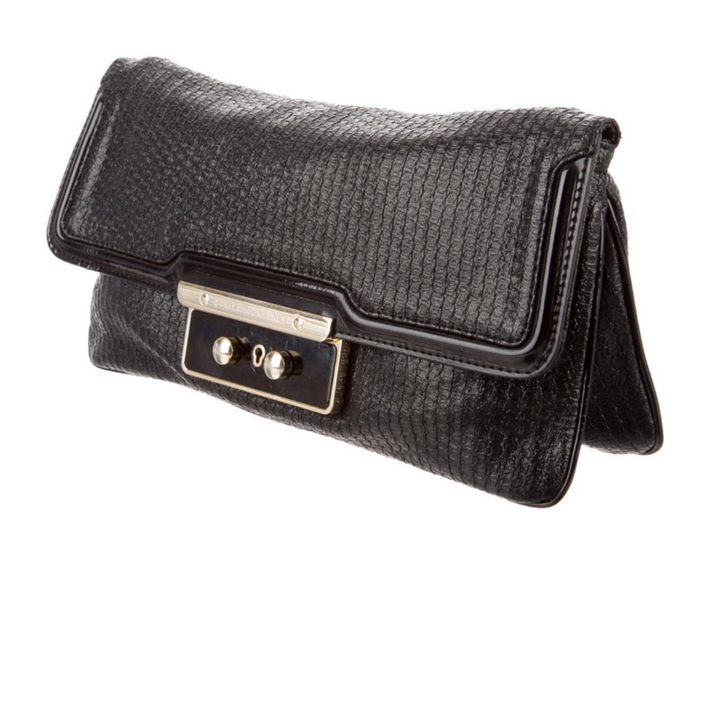Stella McCartney black faux leather and gold clutch